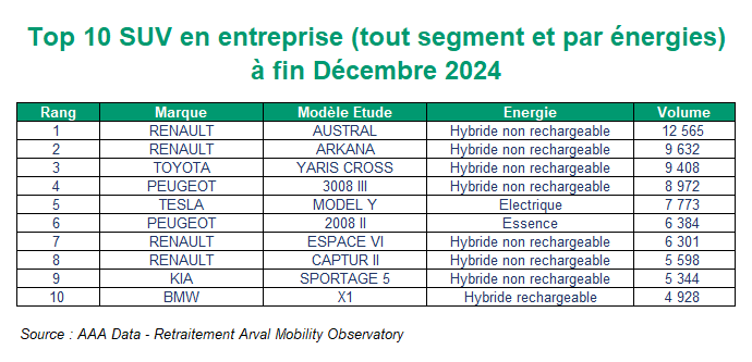 Top 10 SUV à fin décembre 2024