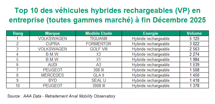 Top 10 VP PHEV entreprise année 2025